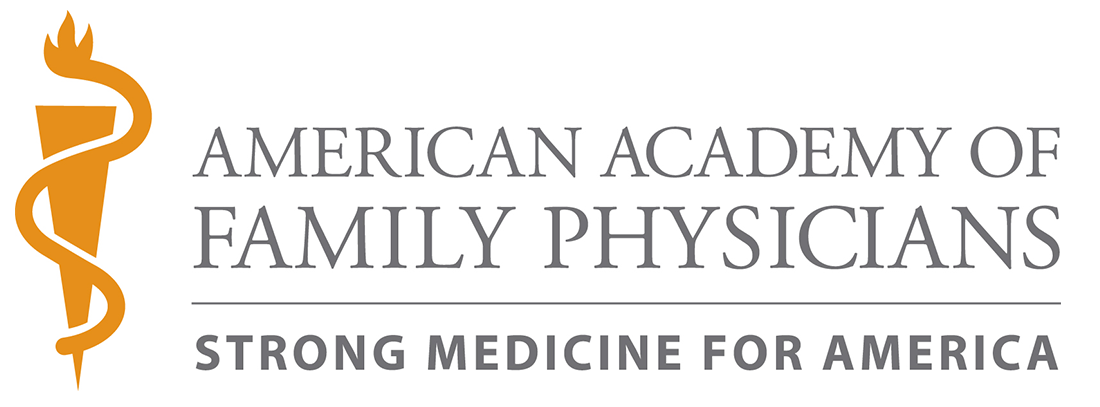 American Academy of Family Physicians logo with motto – PRO Institute Logo of the American Academy of Family Physicians featuring a gold caduceus-style torch symbol on the left and the organization's name in gray capital letters, with the tagline "Strong Medicine for America" below – PRO Institute