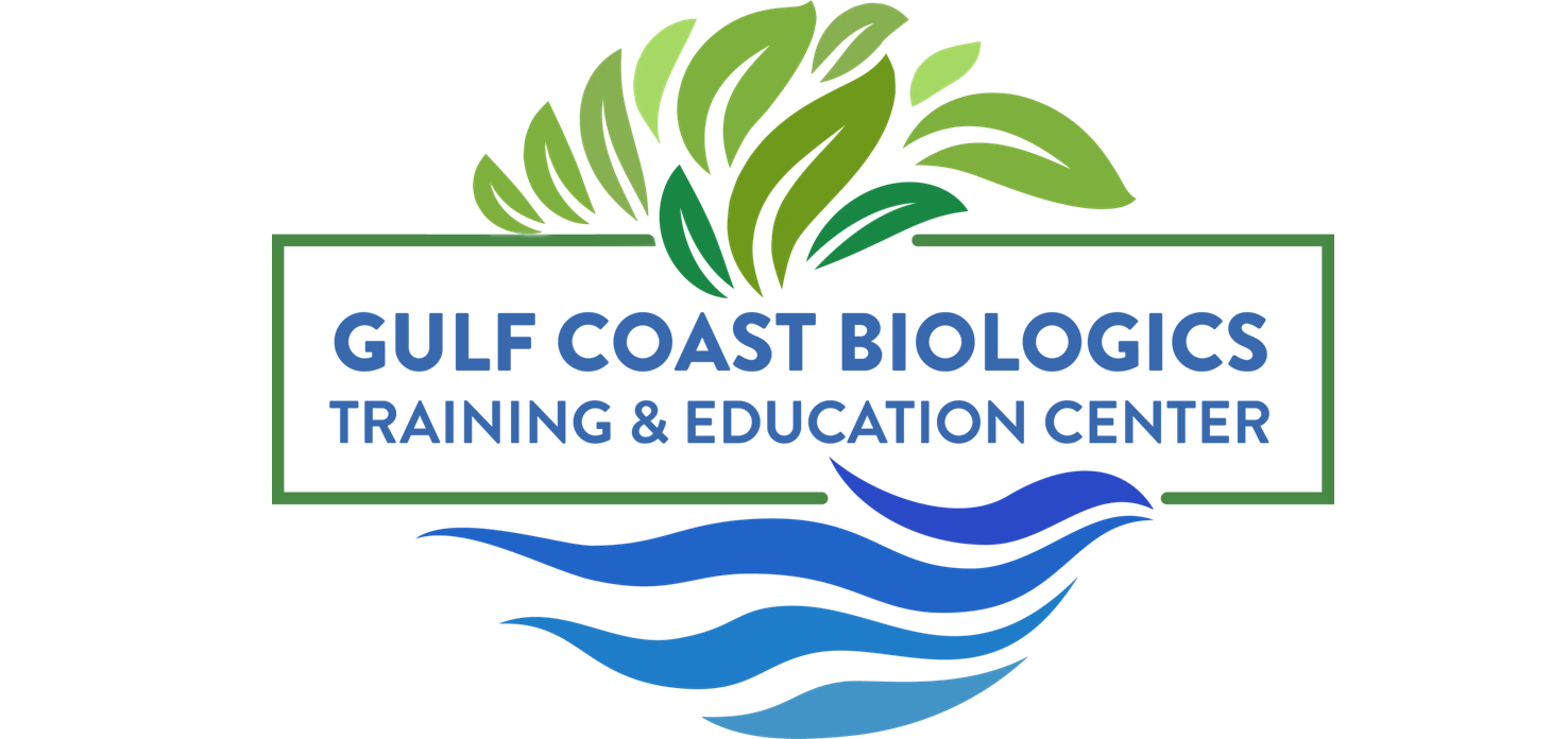Gulf Coast Biologics Training & Education Center logo with leaf and wave design – PRO Institute Logo for Gulf Coast Biologics Training & Education Center featuring a green leafy canopy above the organization’s name in bold blue text, with stylized blue ocean waves below and a rectangular green frame enclosing the elements – PRO Institute