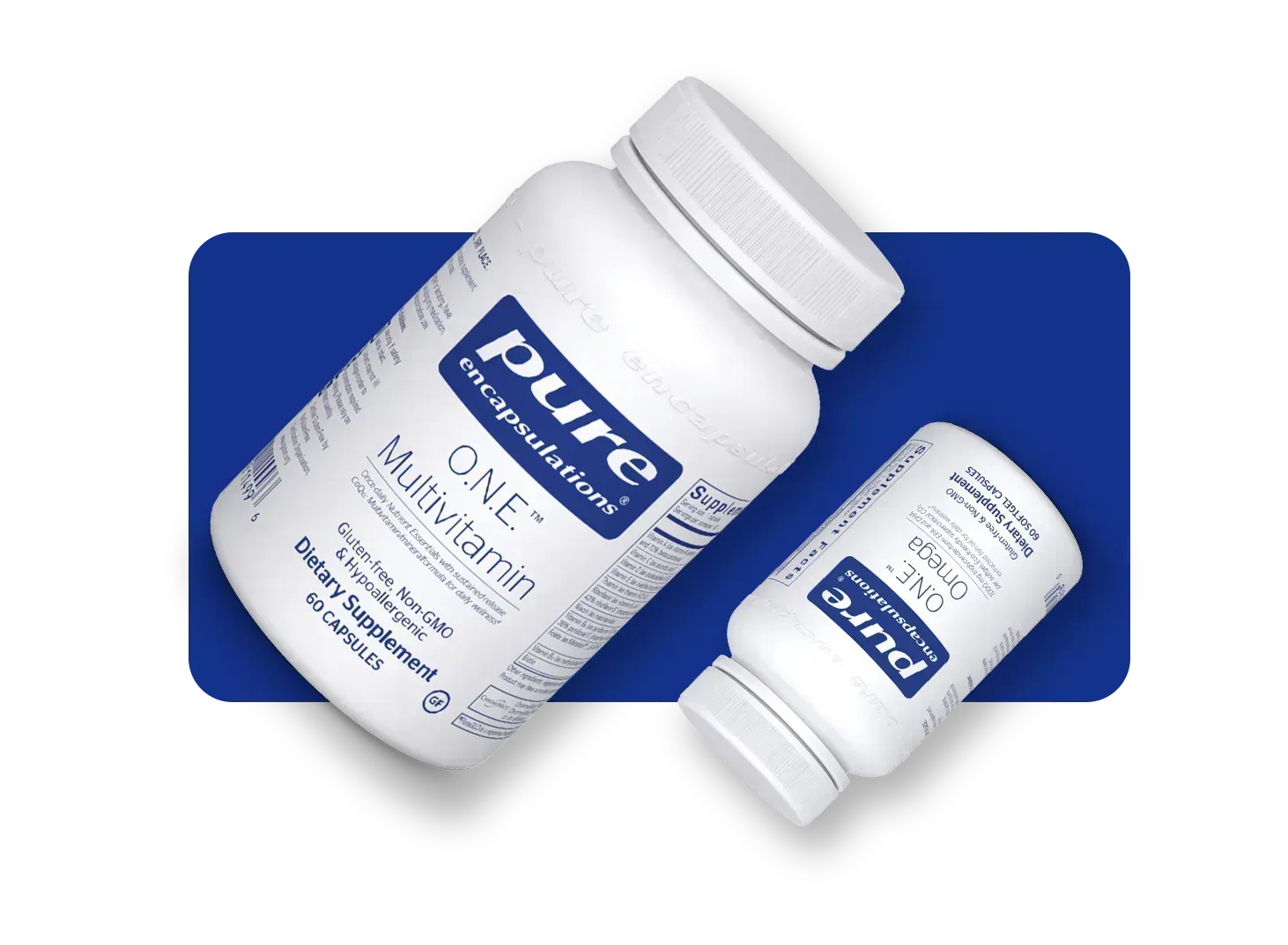 Pure Encapsulations Multivitamin Bottles on Blue Background – pro institute Two white bottles of Pure Encapsulations O.N.E. Multivitamin supplements displayed on a bold blue background – pro institute